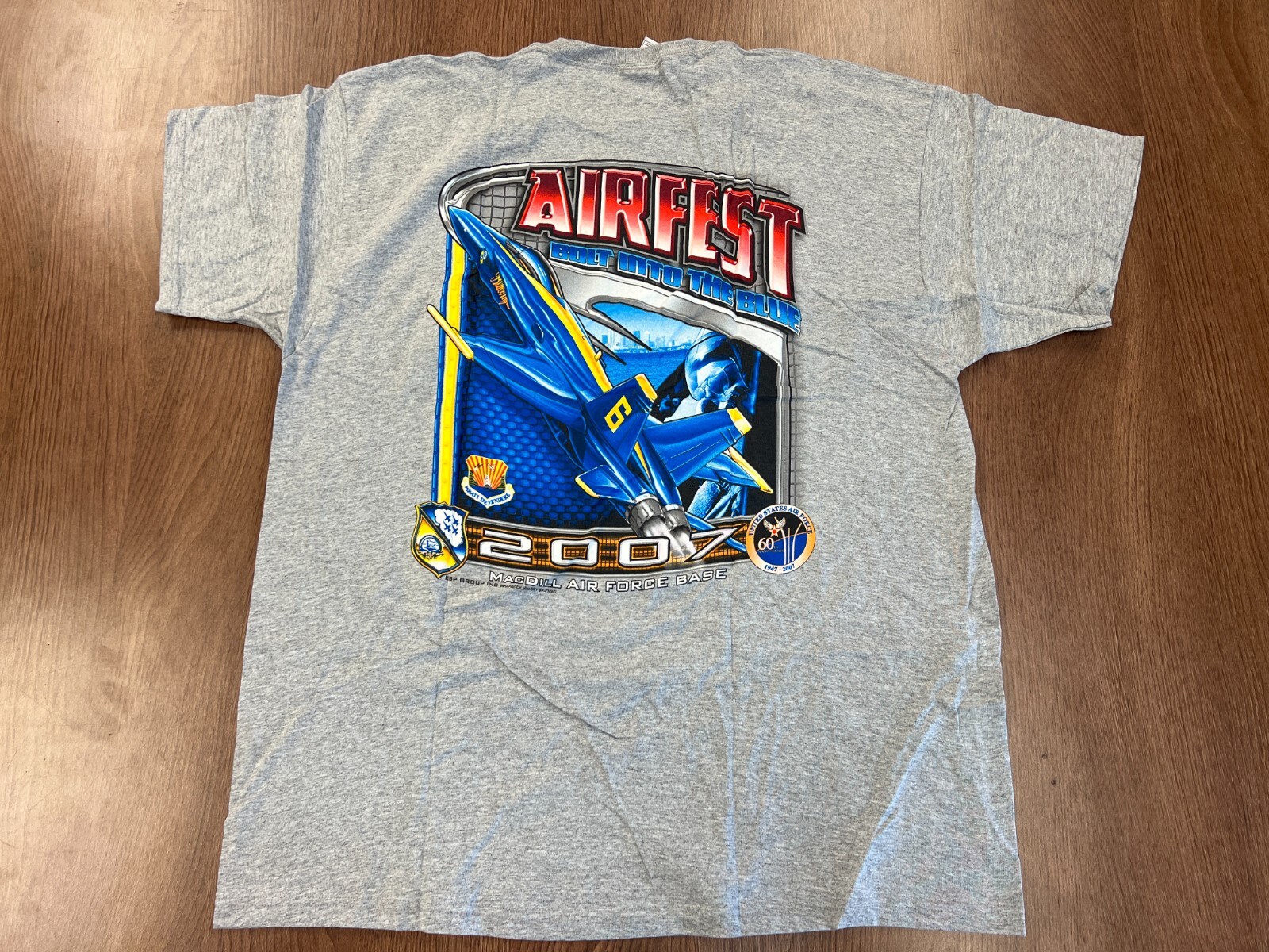 MACDILL AIR FORCE BASE 2XL T SHIRT 2007 BLUE ANGELS AIRFEST SHOW VTG NOS Y2K GRY