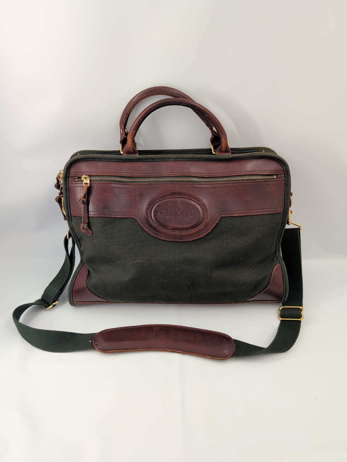 Vintage Orvis Battenkill Green Canvas Leather Briefcase Laptop Messenger Bag USA