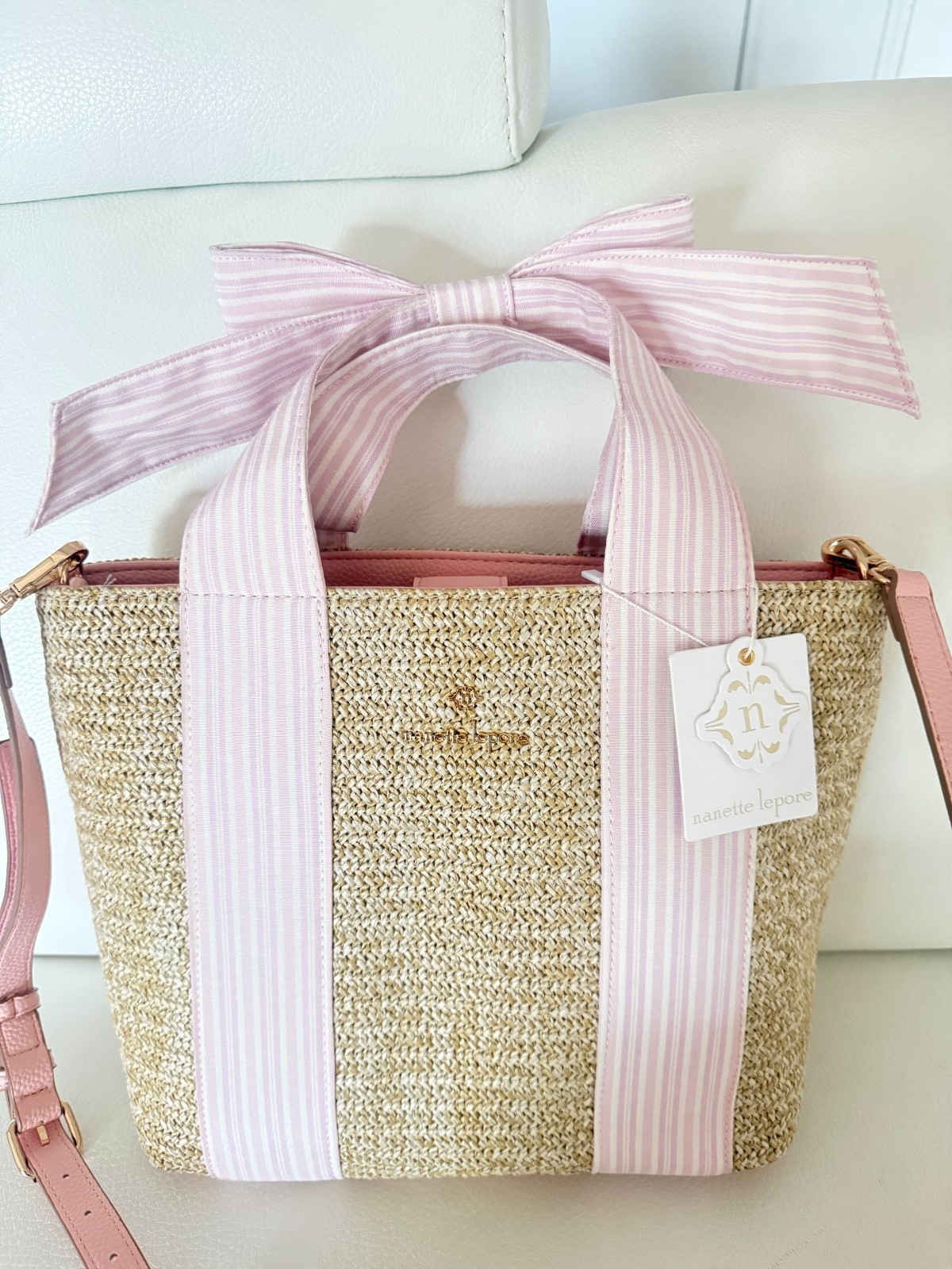 NWT NANETTE LEPORE BESSY TOTE CROSSBODY BAG NATURAL PINK GINGHAM W BOW