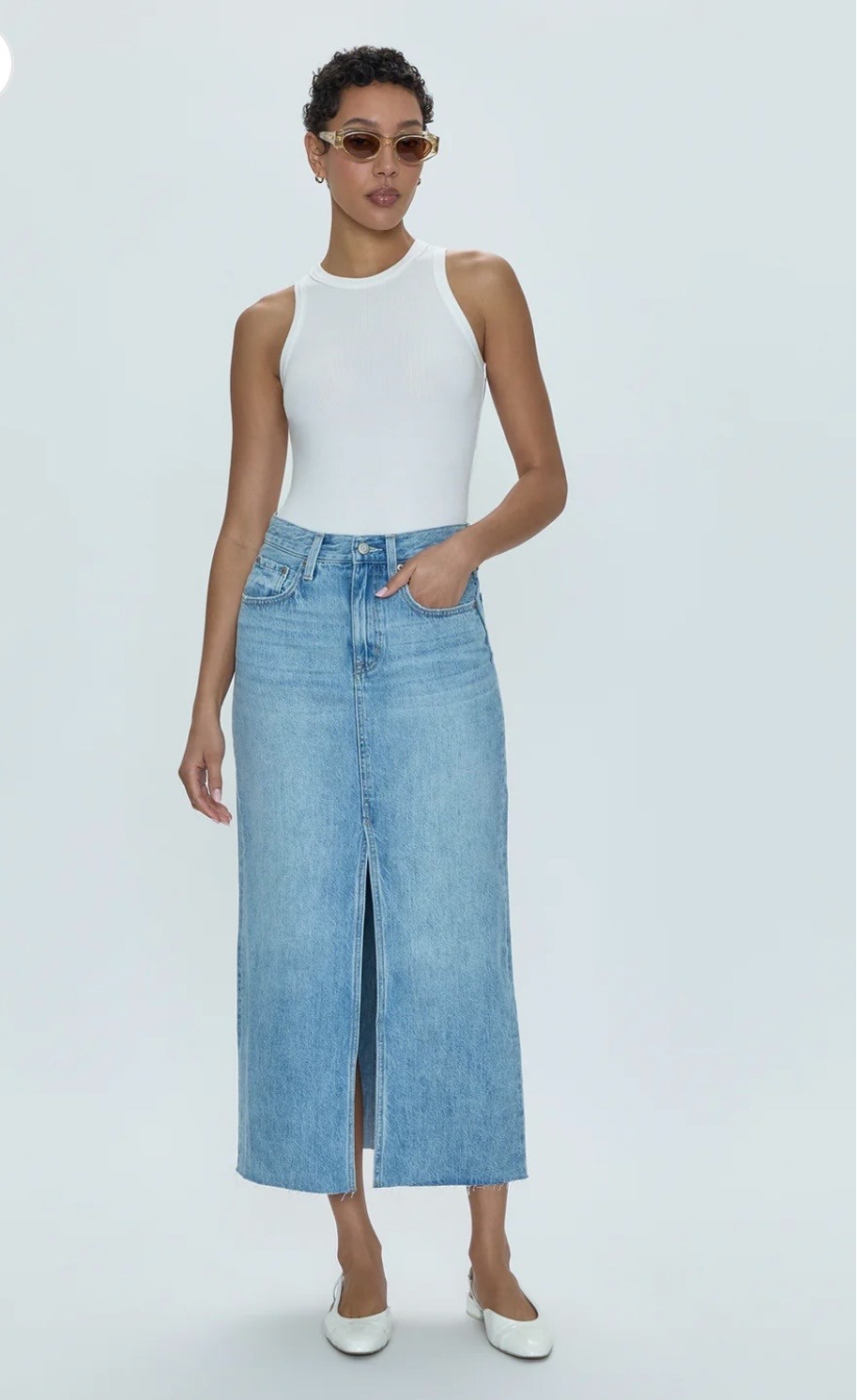Pistola Alice Denim Midi Skirt in Blue Wash, Size 31