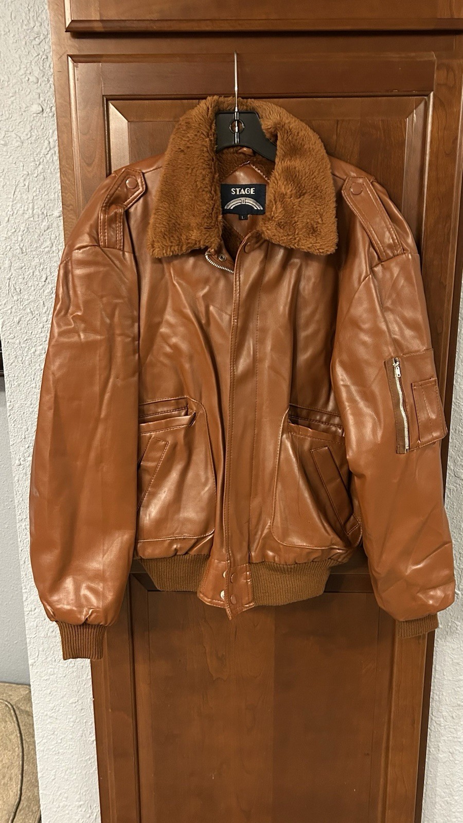 Stage II Women’s Sz Large Bomber Jacket Brown PVC Faux Leather Sherpa lined