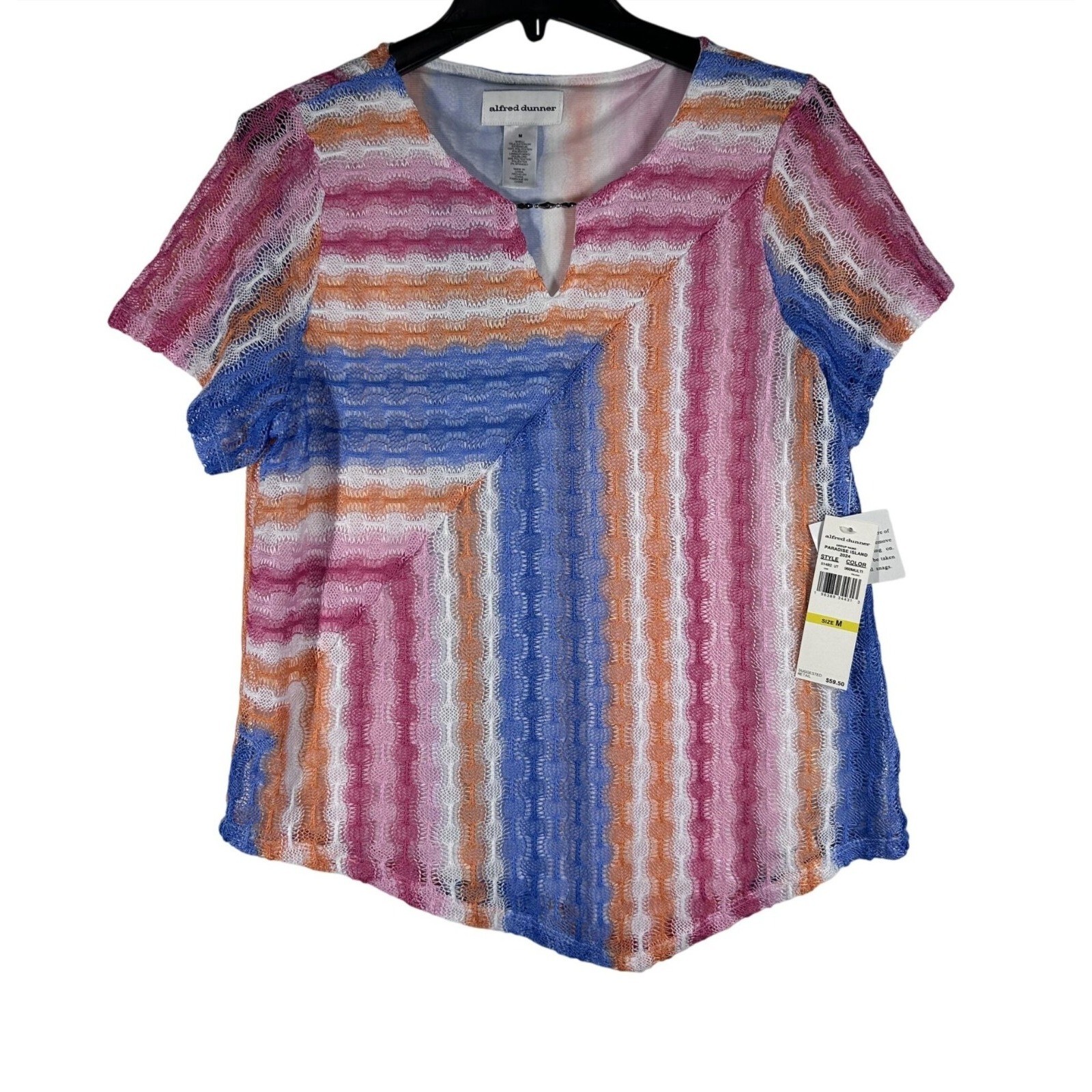 Alfred Dunner Paradise Island Striped Mesh Top Split Neck Size Medium NWT
