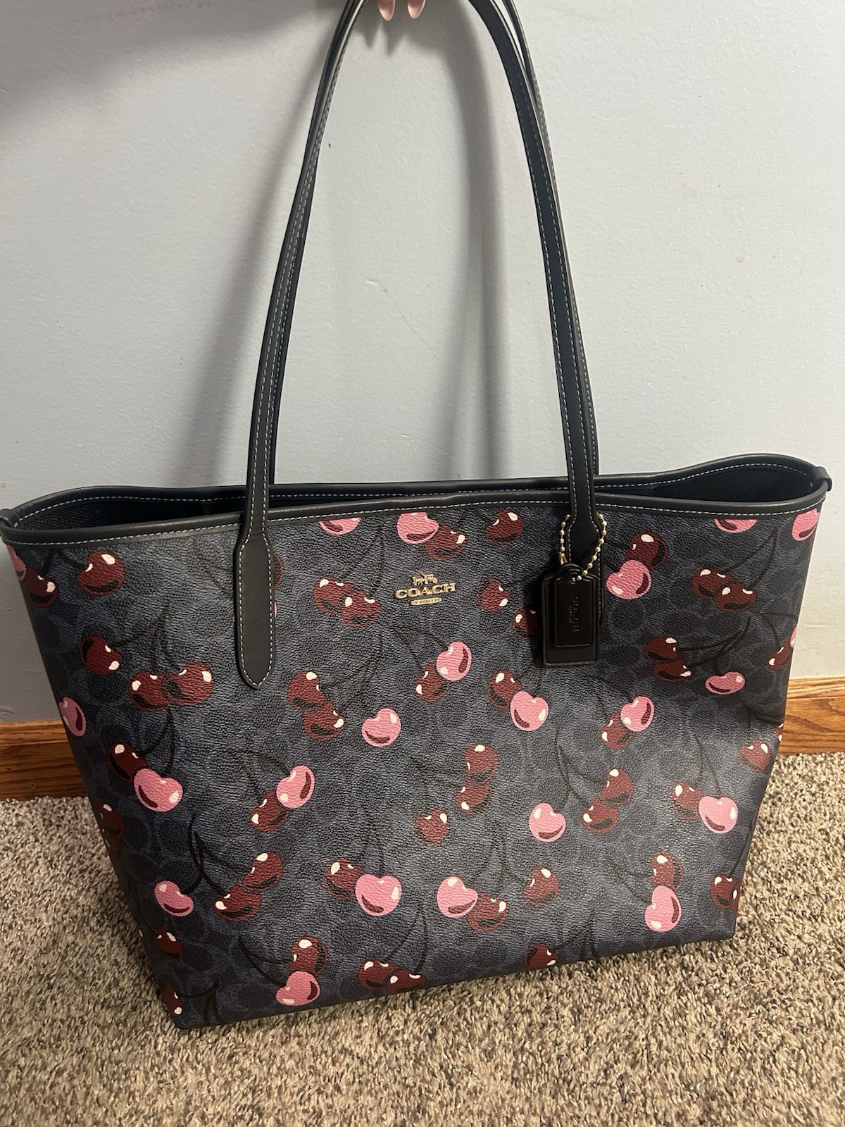 Coach Signature Cherry Print Large Tote Bag, Black, Zip/Magnetic, Charm