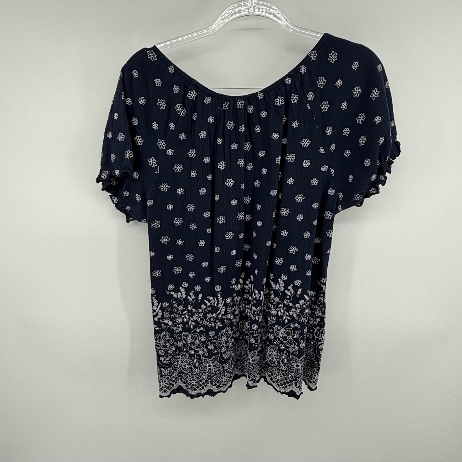 Dressbarn Navy Floral Embroidered Gauze Peasant Top Blouse Size L