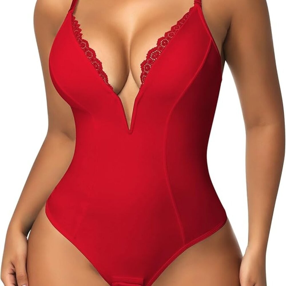SHAPERIN Women’s Lace Deep V Neck Cami Bodysuit Plunge Tummy Control
