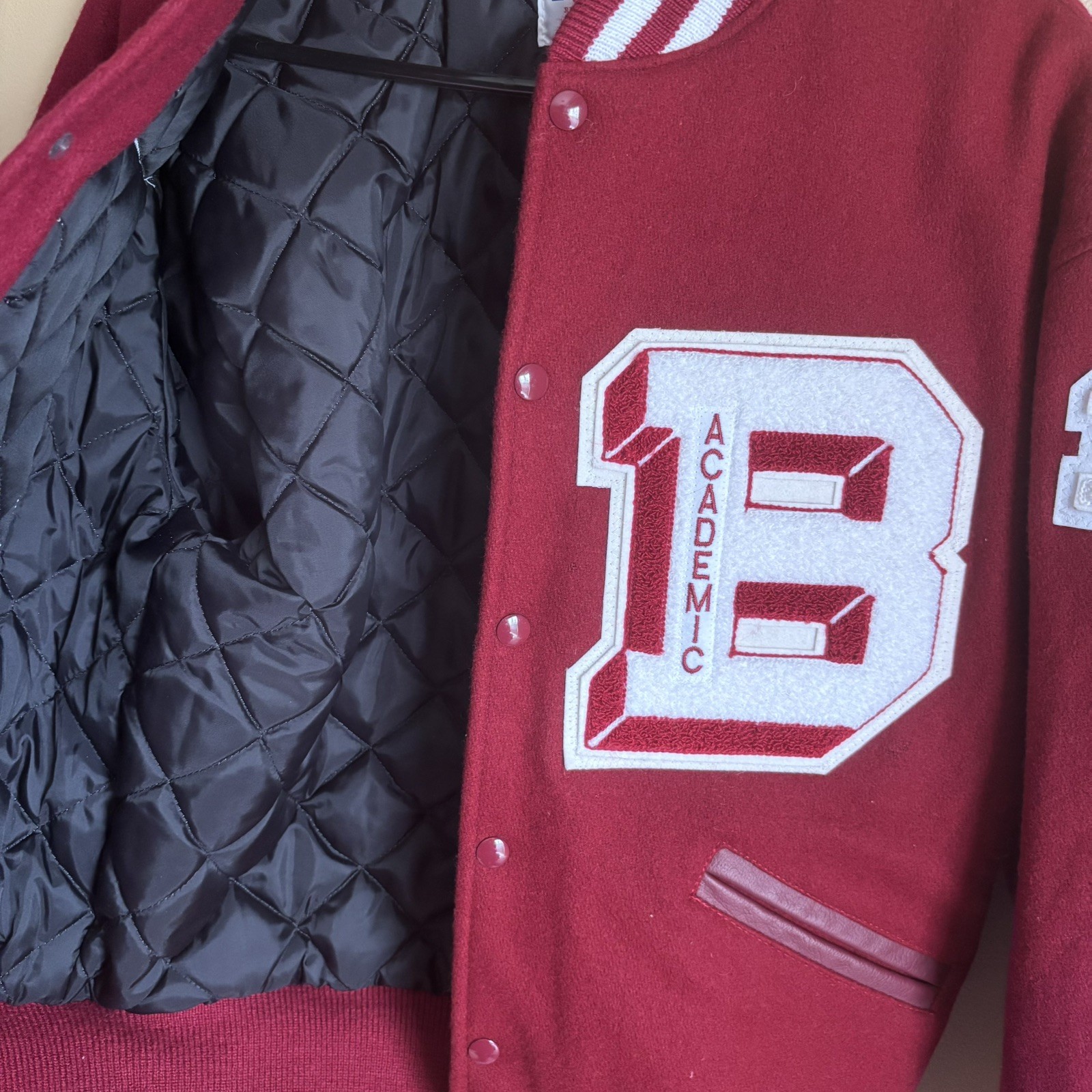 Vintage Varsity Letterman Jacket Red White Wool Leather Size Medium 80s 90s