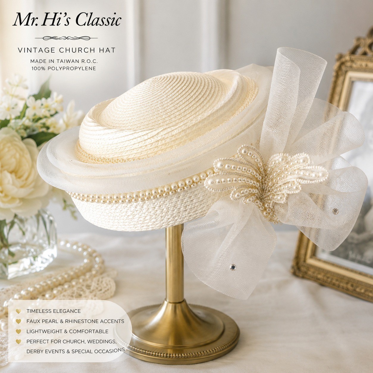 Mr. Hi’s Classic Pillbox Hat Women Ivory White Pearl Butterfly Mesh Bow Tulle