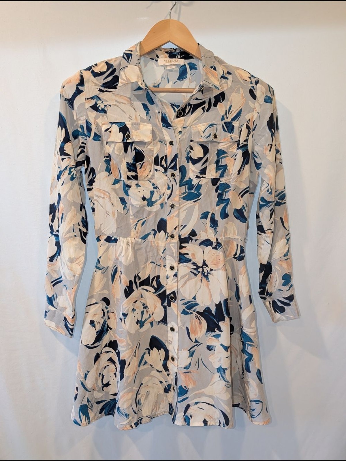 Yumi Kim Floral Silk Mini Button long sleeve shirt Dress Cream, Navy, Peach