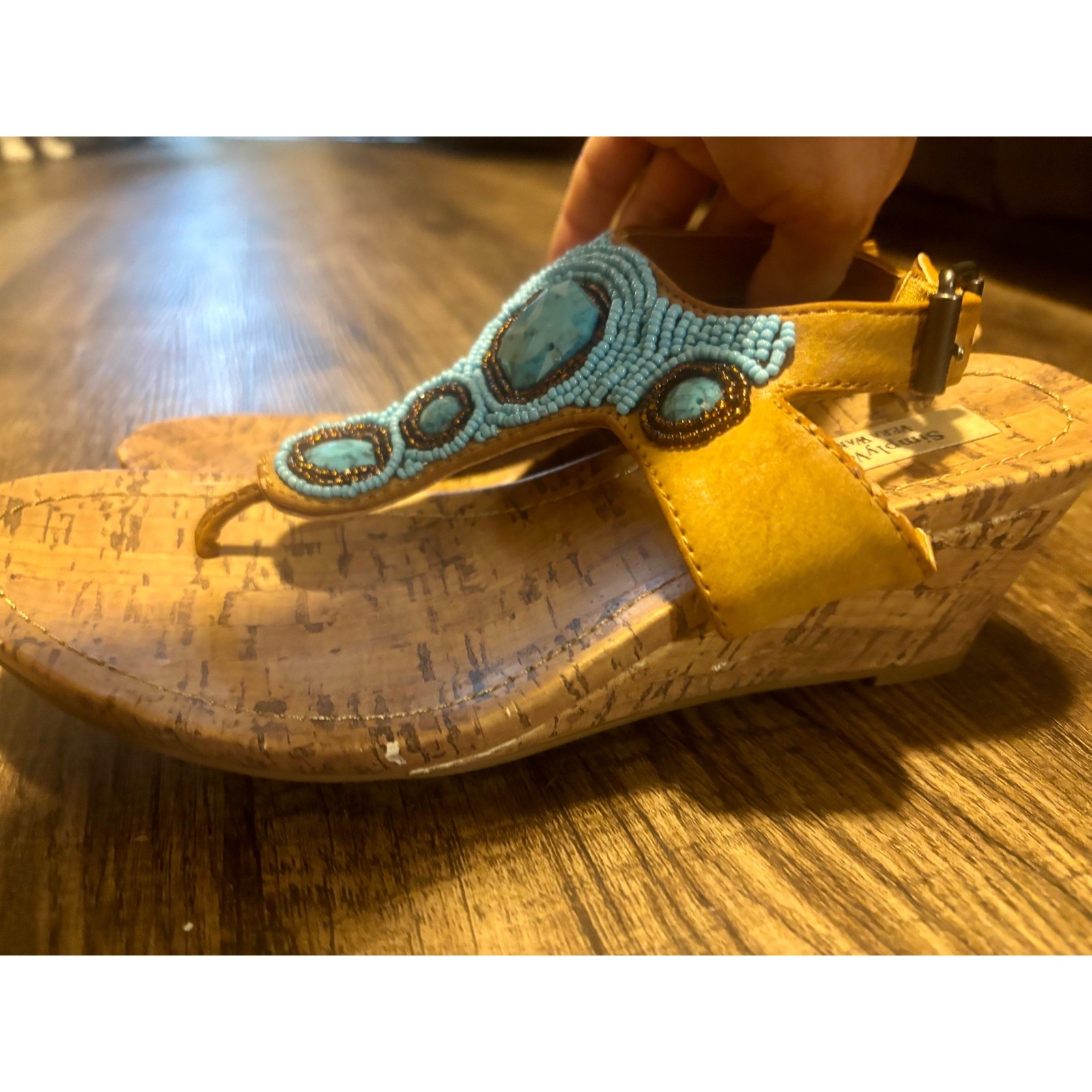 Simply Vera Vera Wang Turquoise Beaded Cork Wedge Sandals Womens Boho Thong Heel