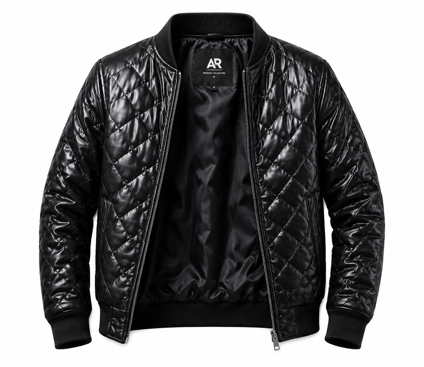 Men’s Black Diamond Quilted Leather Bomber Jacket Biker Zip Casual Motorcycle