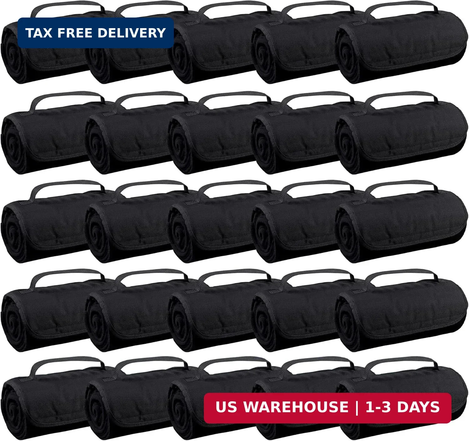 25 Ct of Roll-Up Blankets for Camping, Travel, Outdoors, Beach, Picnics – Black