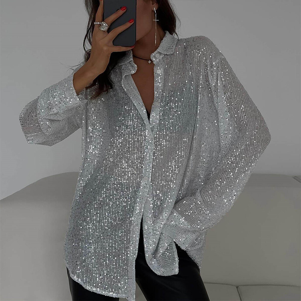 Womens Sequin Glitter Shiny Button Down Shirt Ladies Clubwear Party Tops Blouse