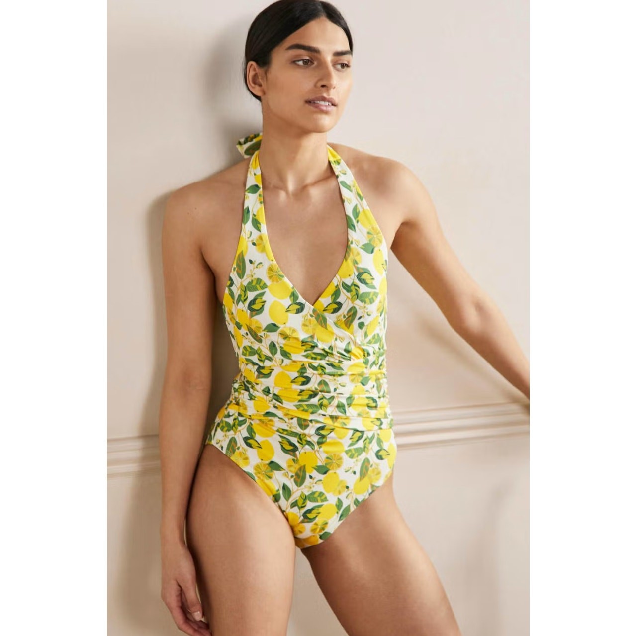BODEN Levanzo Ruched Halter Swimsuit One Piece Yellow Lemon Sz 4R $160 {2C29}