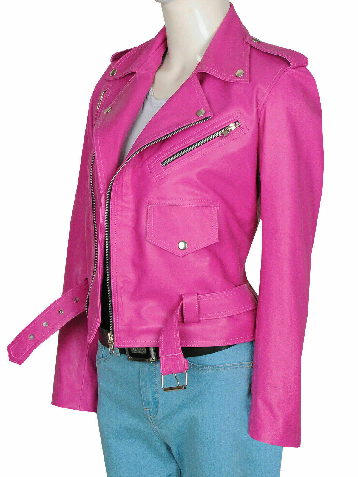 Women’s Pink Leather Motorcycle Jacket Genuine Lambskin Belted Biker Moto Coat
