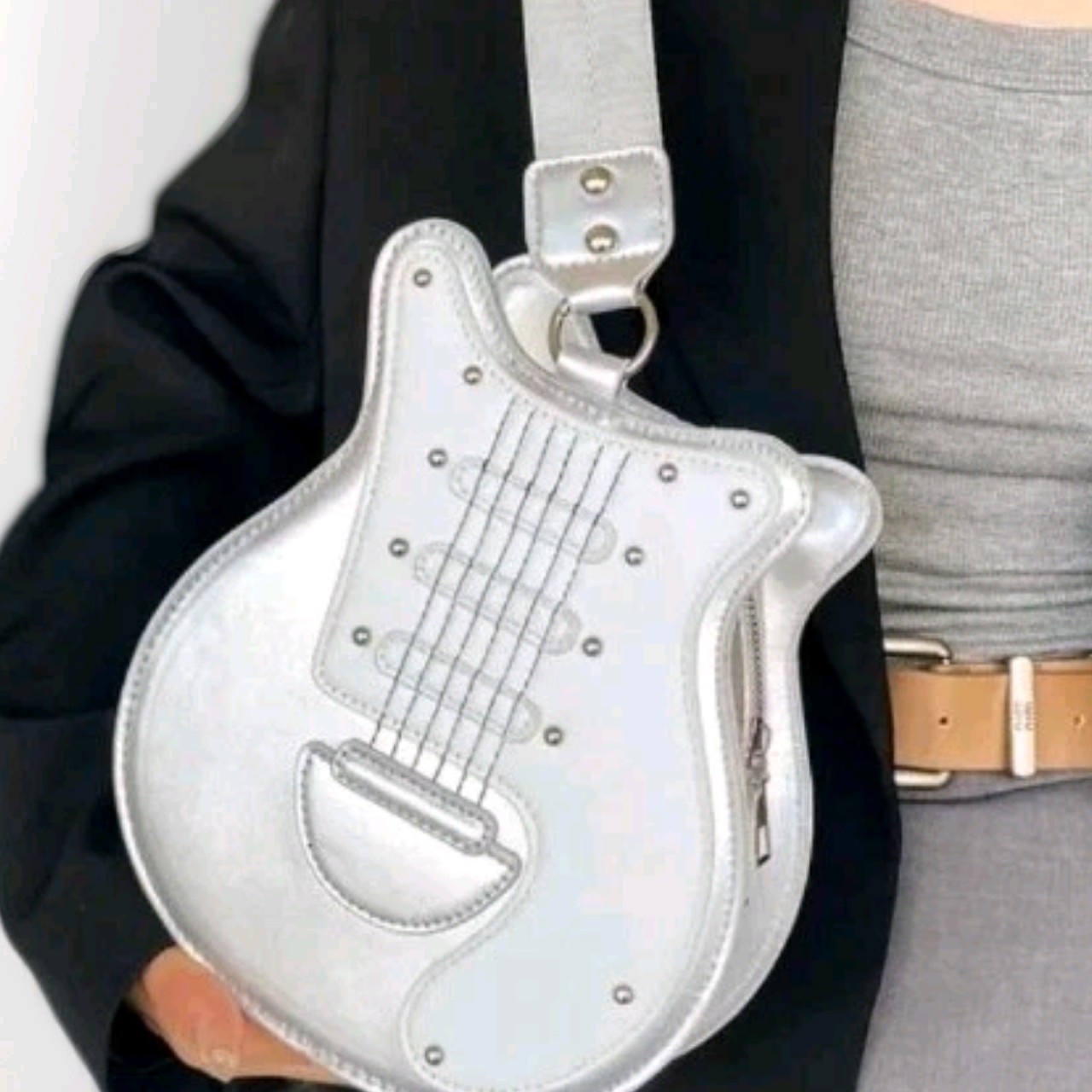 Music Lovers Trendy Guitar C/ B Bag, Fun For All Ages Silver & White Faux Leathe