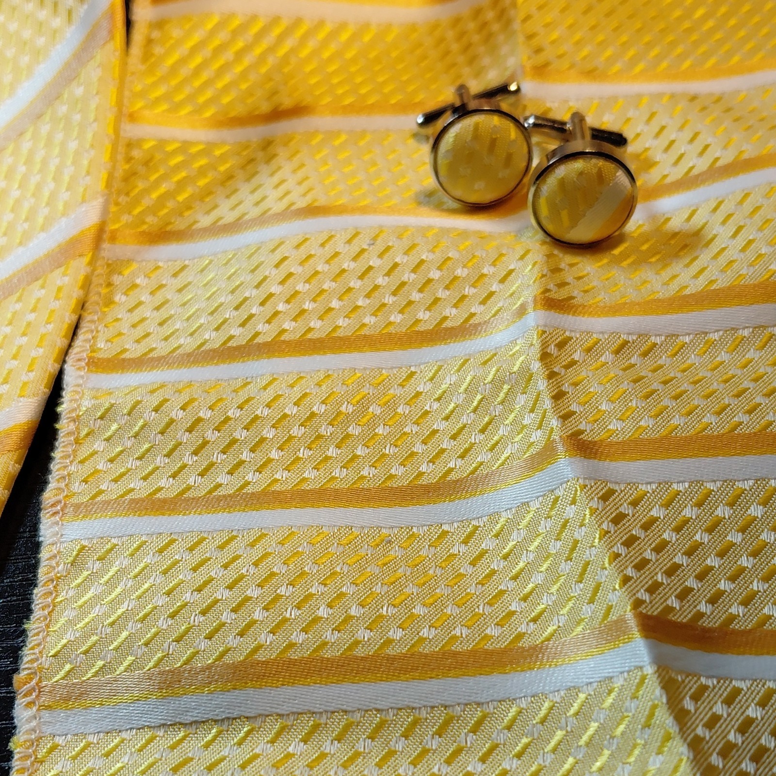 Men’s Yellow/White Striped Woven Necktie, Pocket Square Cufflinks 3pc