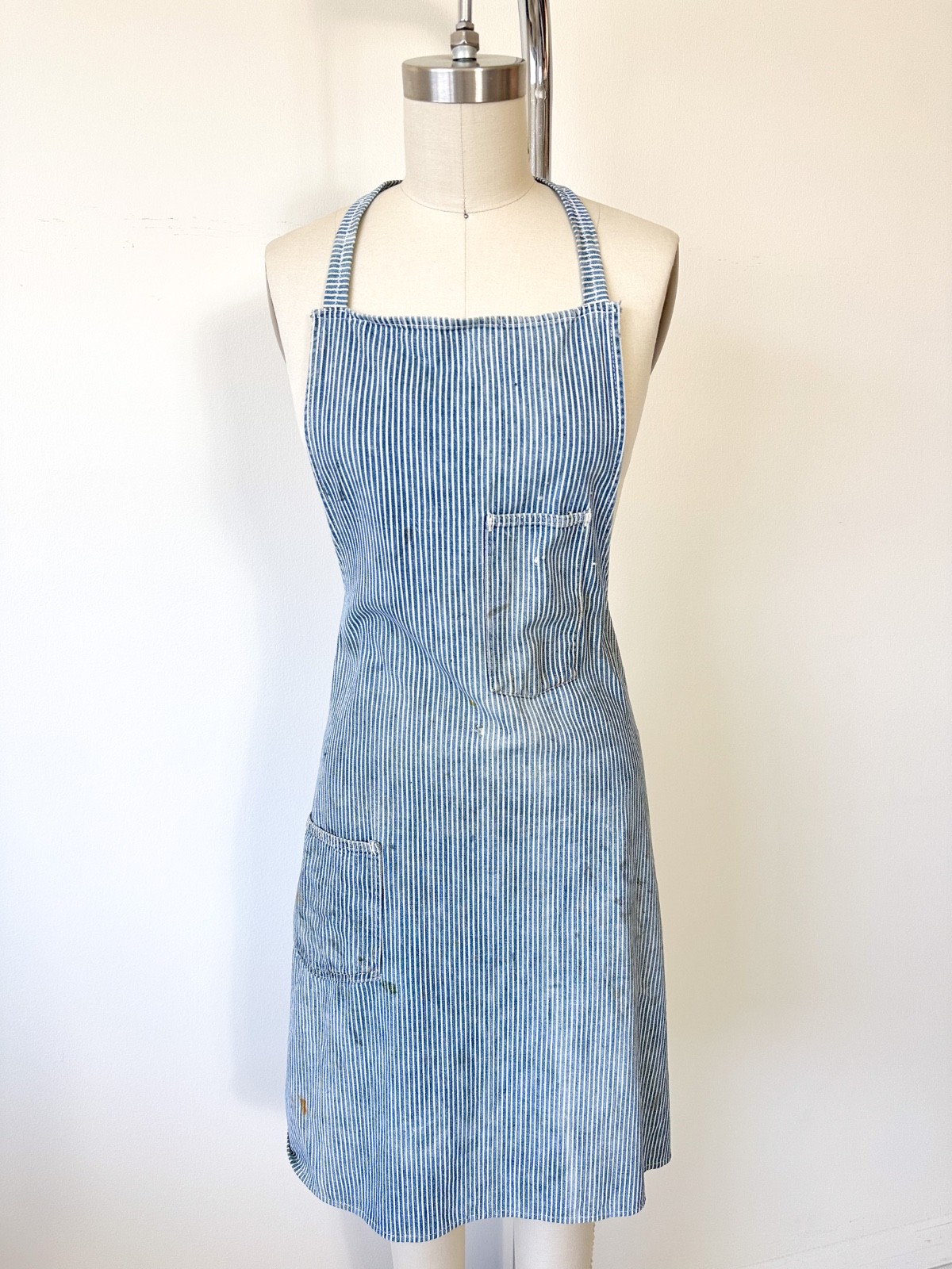 Vintage 1960s Denim Striped Distressed Apron Utility Workwear as found