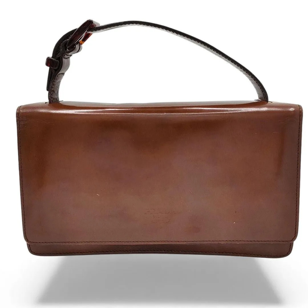 Prada Mini Leather Handbag Brown Tote Bag Purse Triangle Logo 8.6×4.9×2.0in