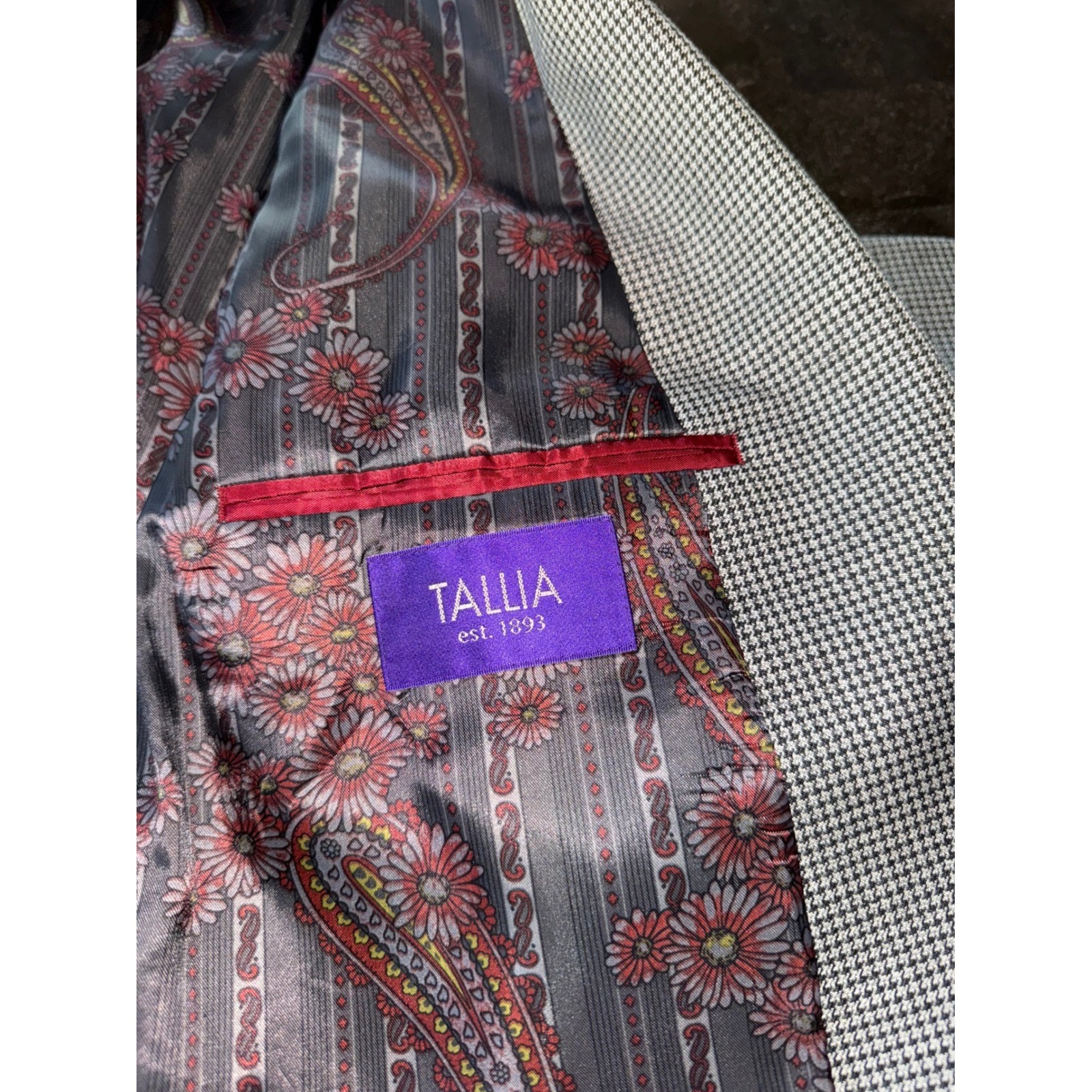 TALLIA Est 1893 Mens Houndstooth Blazer Jacket Black Gray Paisley Lined Mens XL