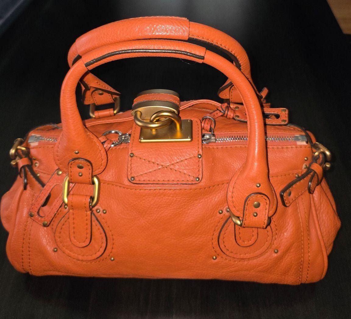 Chloé Paddington Medium Leather Satchel Bag Burnt Orange Brass Lock & Key