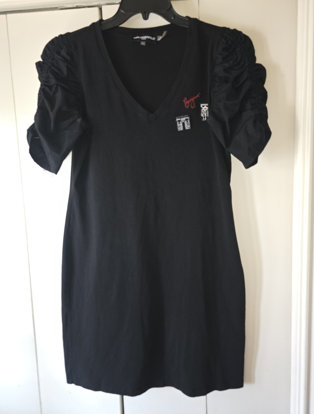 Karl Lagerfeld Paris Black V-Neck Puff Sleeve Shift Dress Short Pockets S
