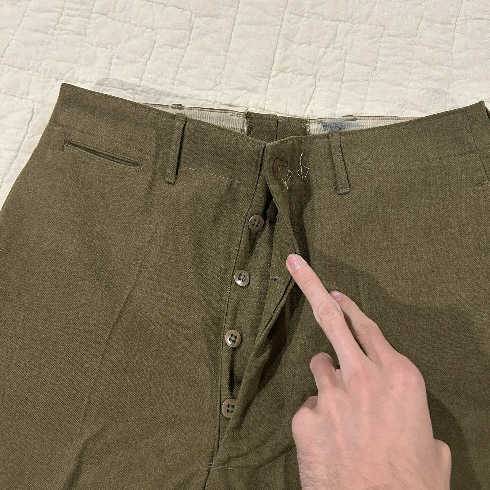 Vintage US Army Wool Dress Trousers Olive Drab 1950s 1960s Button Fly Size 32×32