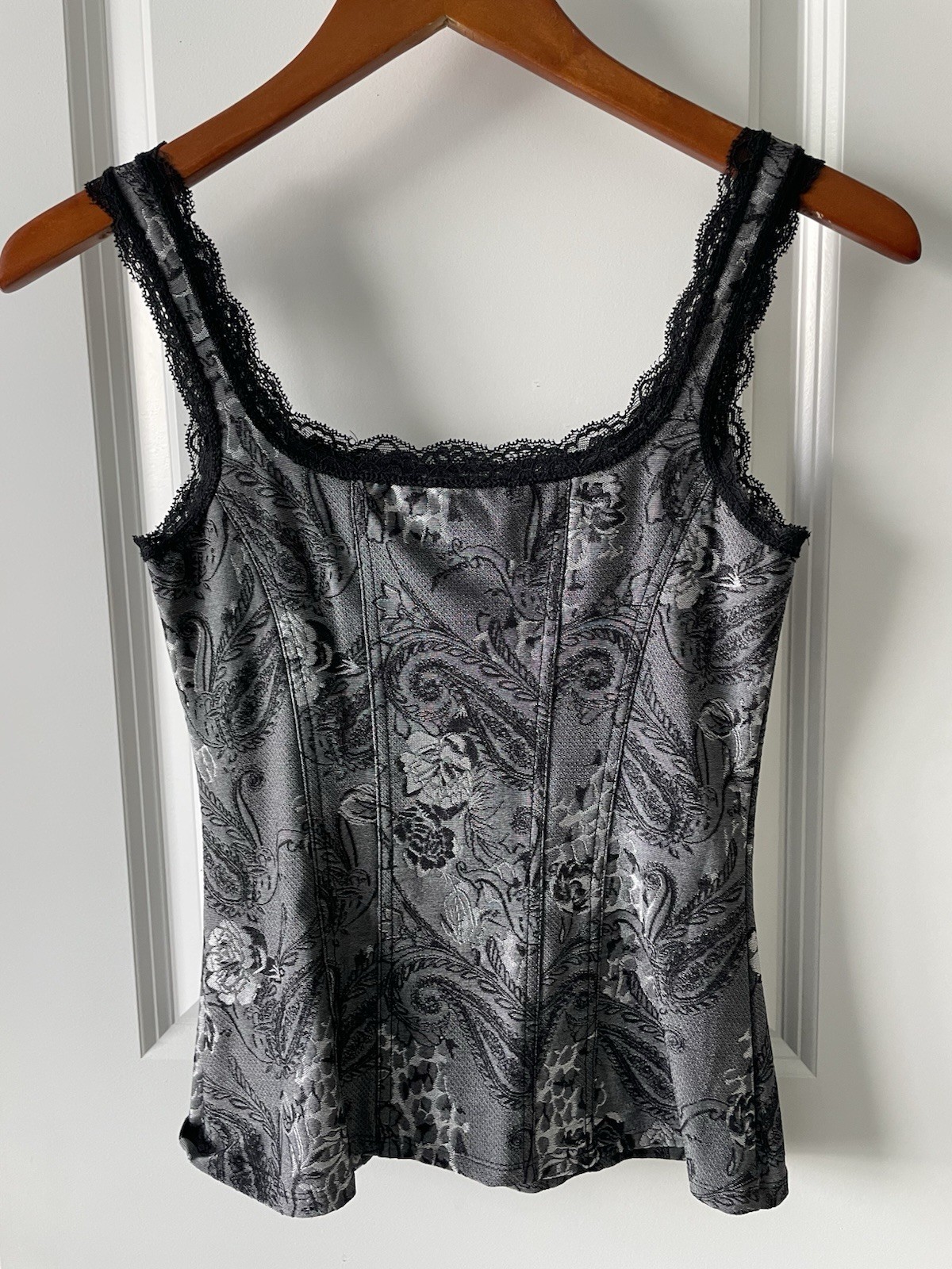 White House Black Market WHBM Black And Gray Paisley Corset Tank Top XXS