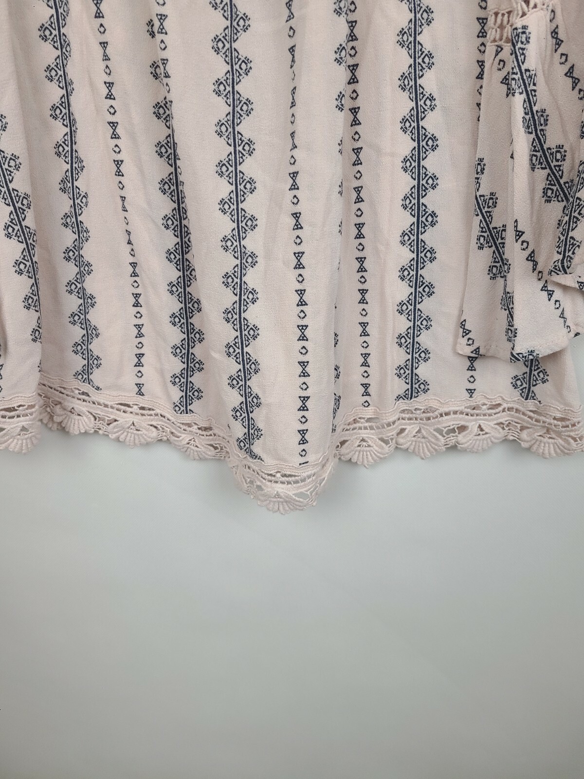 Blu Pepper BOHO Cottagecore Top Large Pale Pink Printed Crochet Bell Sleeve