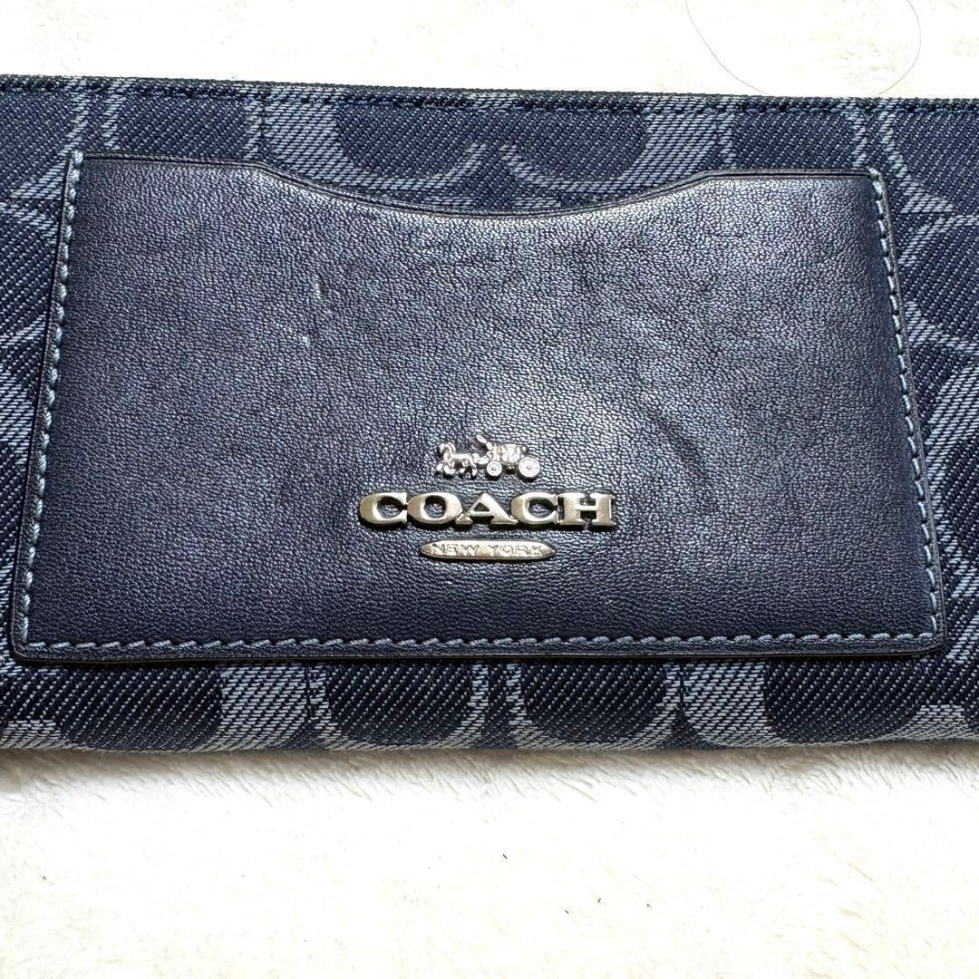 COACH Long Wallet Denim Accordion Zip Wallet Navy Logo