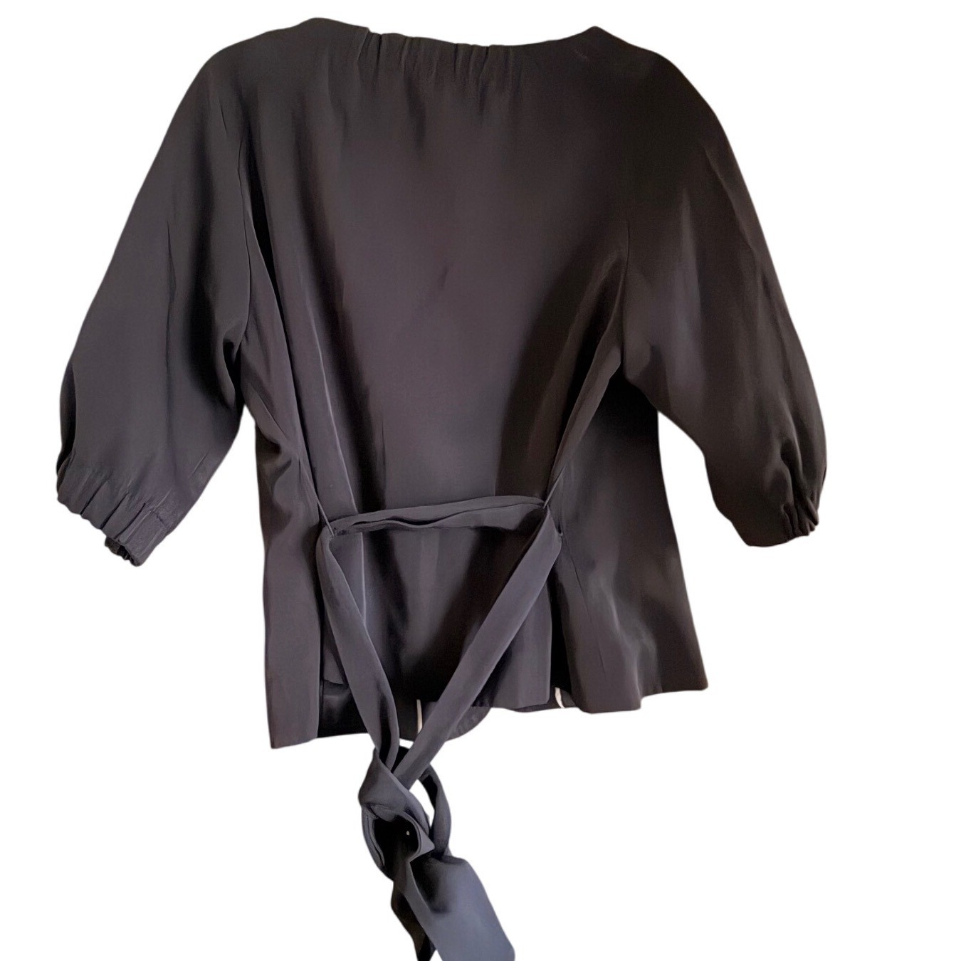 Banana Republic Navy Blue Black Tie Waist 3/4 Sleeve Ruffle Neck Blouse Top