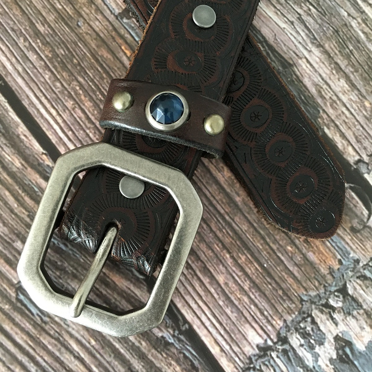 RRL Double RL Vintage Western Brown Tooled Leather Belt with Blue Gem Size 34