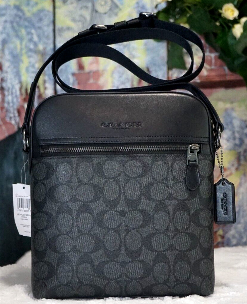 NWT Coach Men’s Houston Flight 4010 Messenger Bag CHARCOAL/BLACK Sig CC Leather