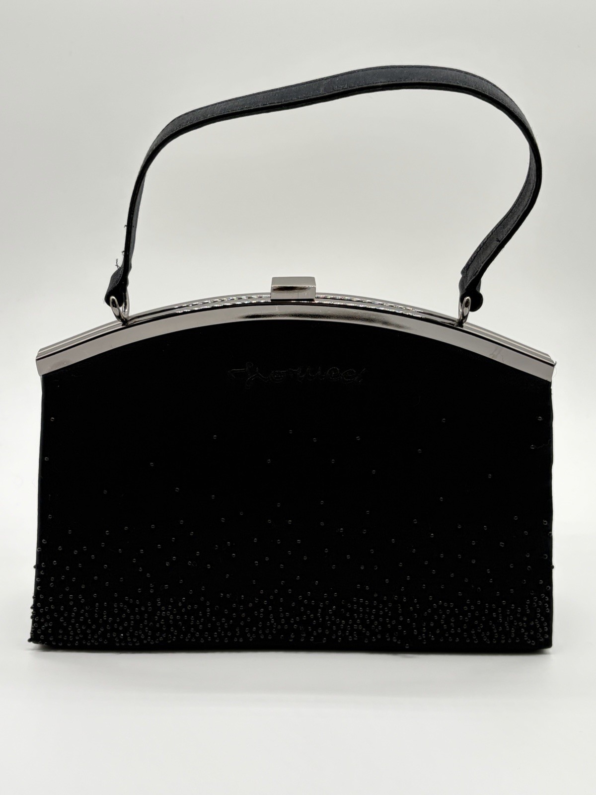 Fio Rucci Black Beaded Evening Bag Purse Silver Frame Top Handle Formal Clutch