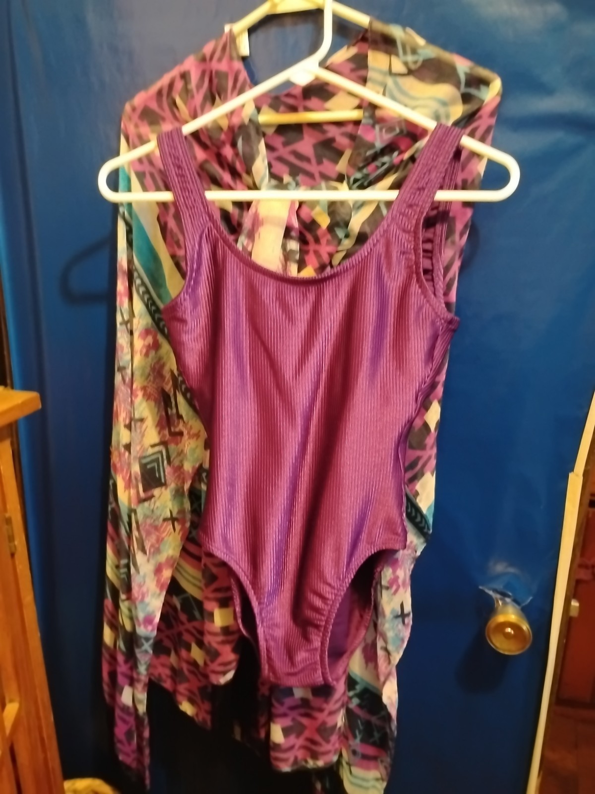 White Stag Size M 10 Purple Vertical Striped One Piece Swimsuit With Sheer…