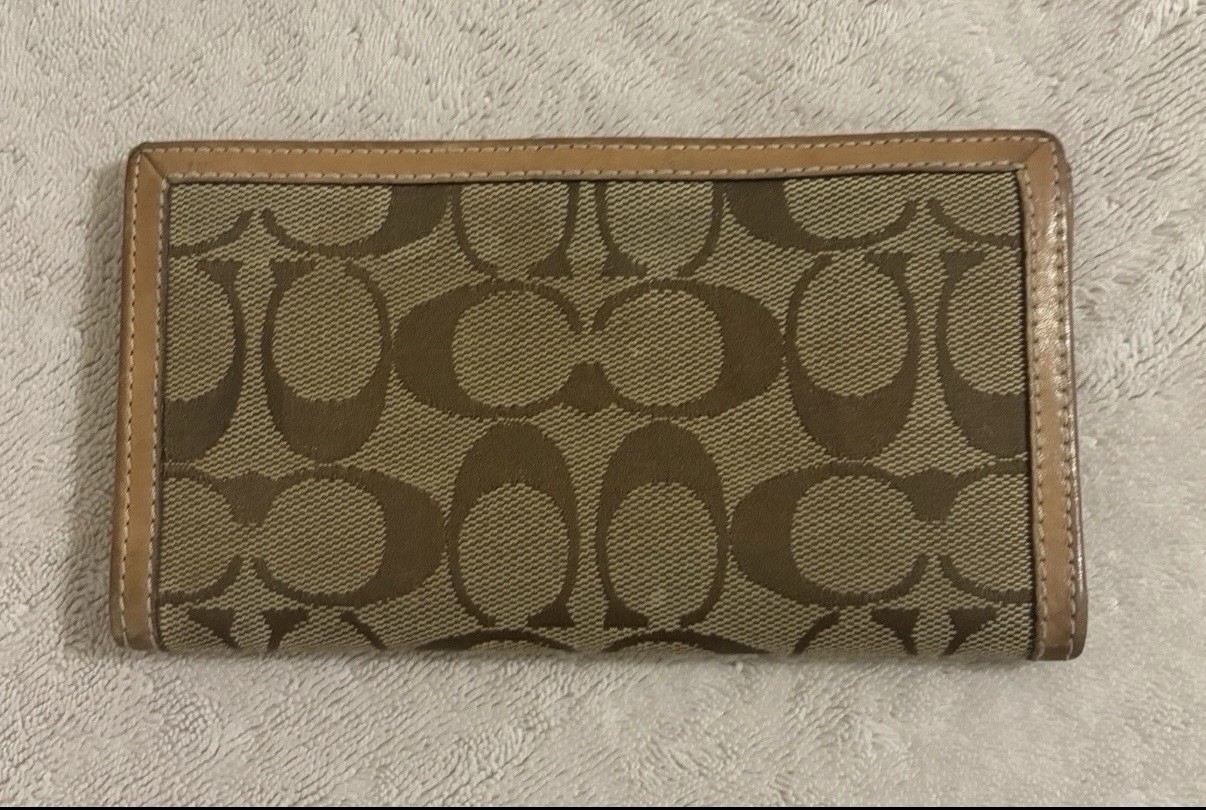 Coach Checkbook Wallet Beige Canvas Leather Trim Signature Long Wallet Fair Cond