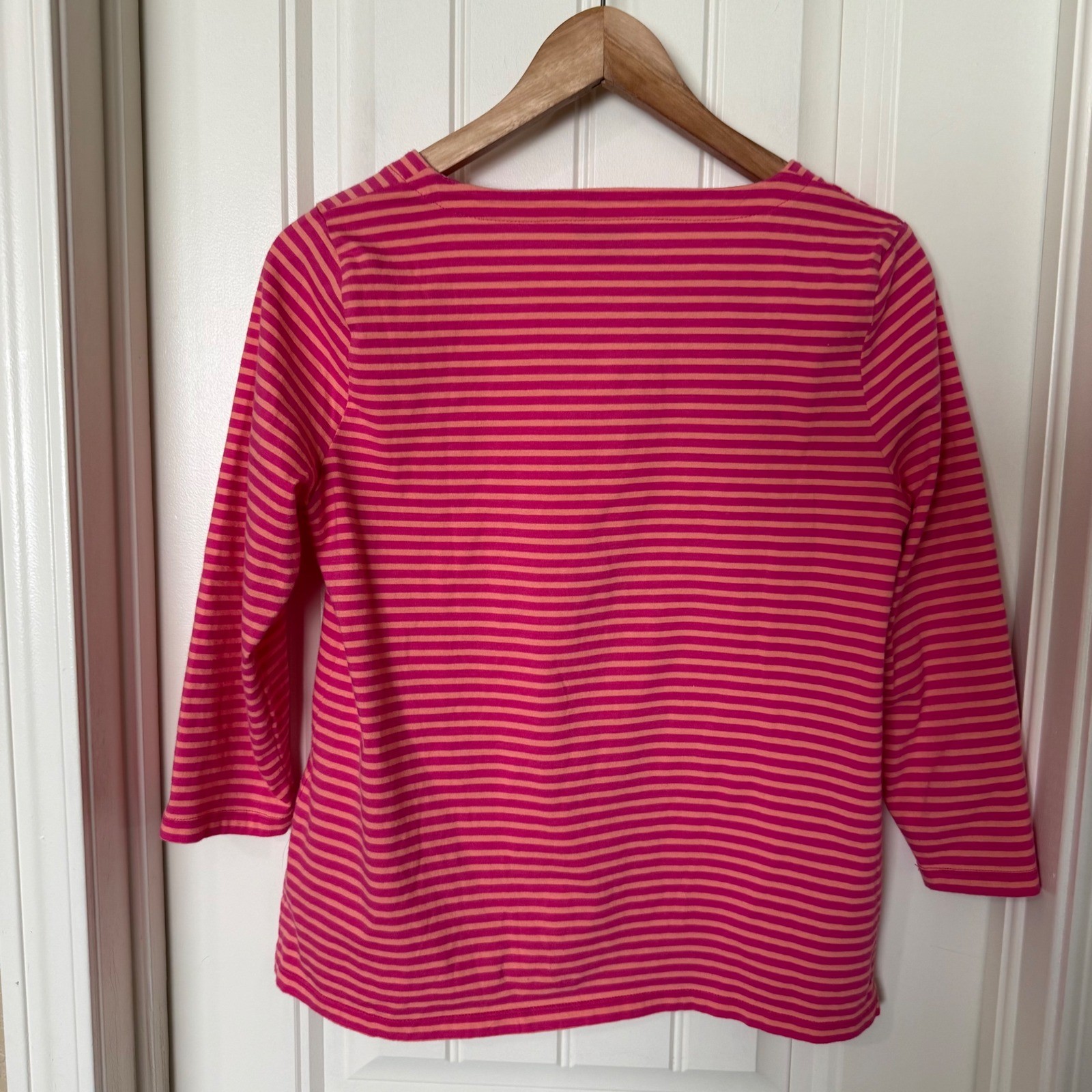 Talbots Striped Boatneck Top Women SP Pink Orange Excellent 3/4 Sleeve Button
