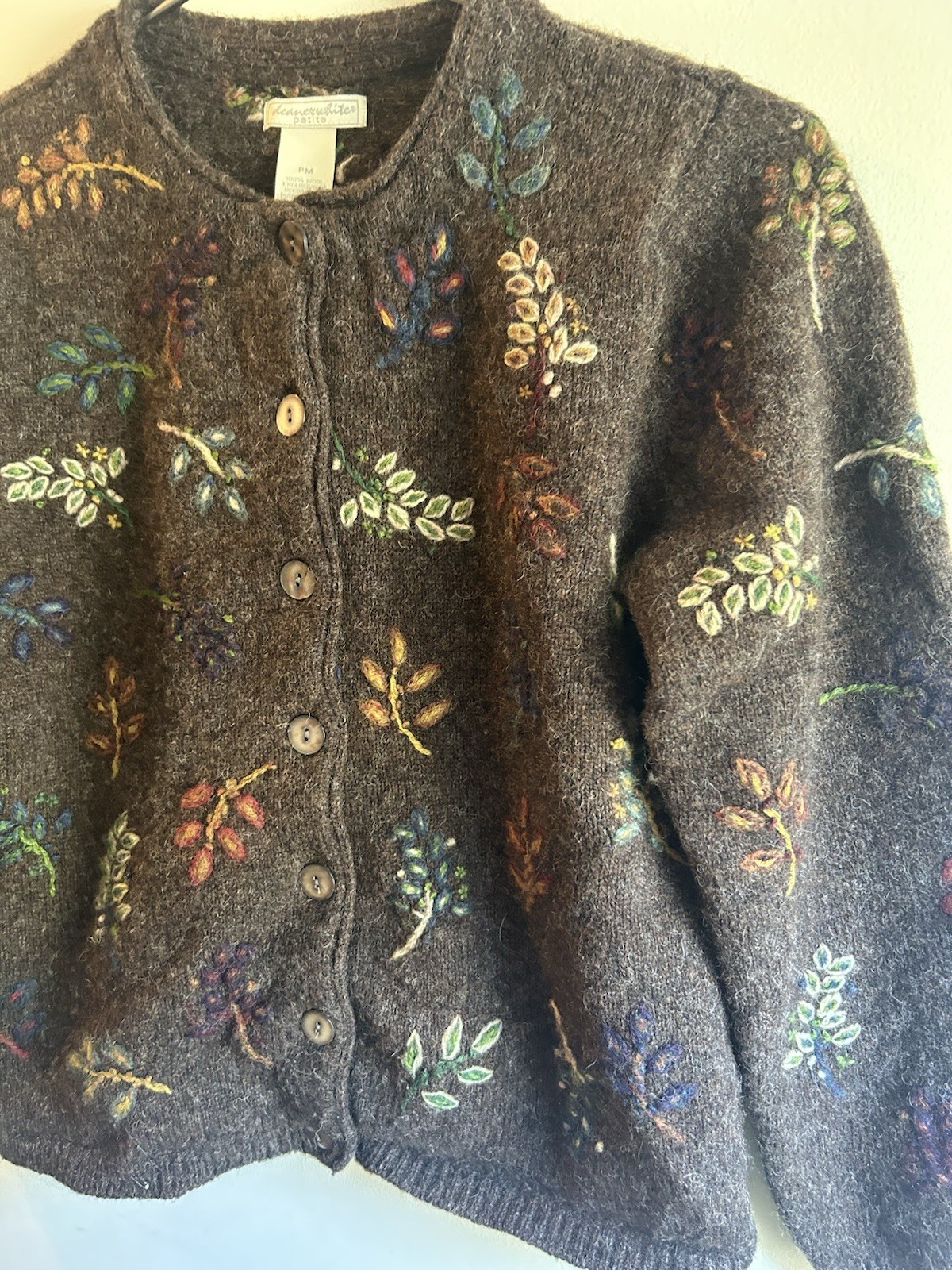 90’s Deane & White Brown 100% Wool Fall Leaves Embroidered Sweater SZ Petite M