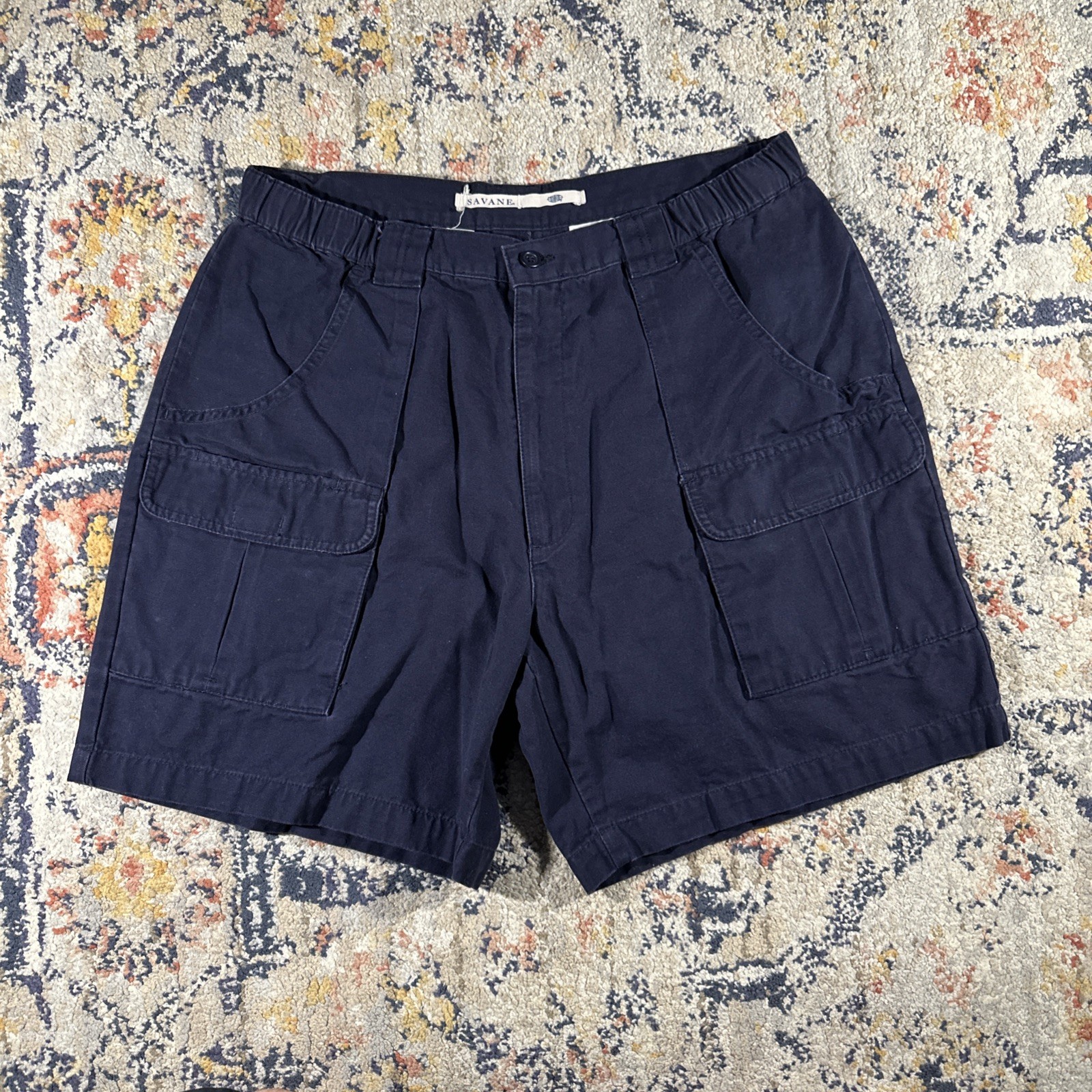 Savane Mens Cargo Shorts Navy Blue Cotton Canvas Elastic Waist Size 36 Camp