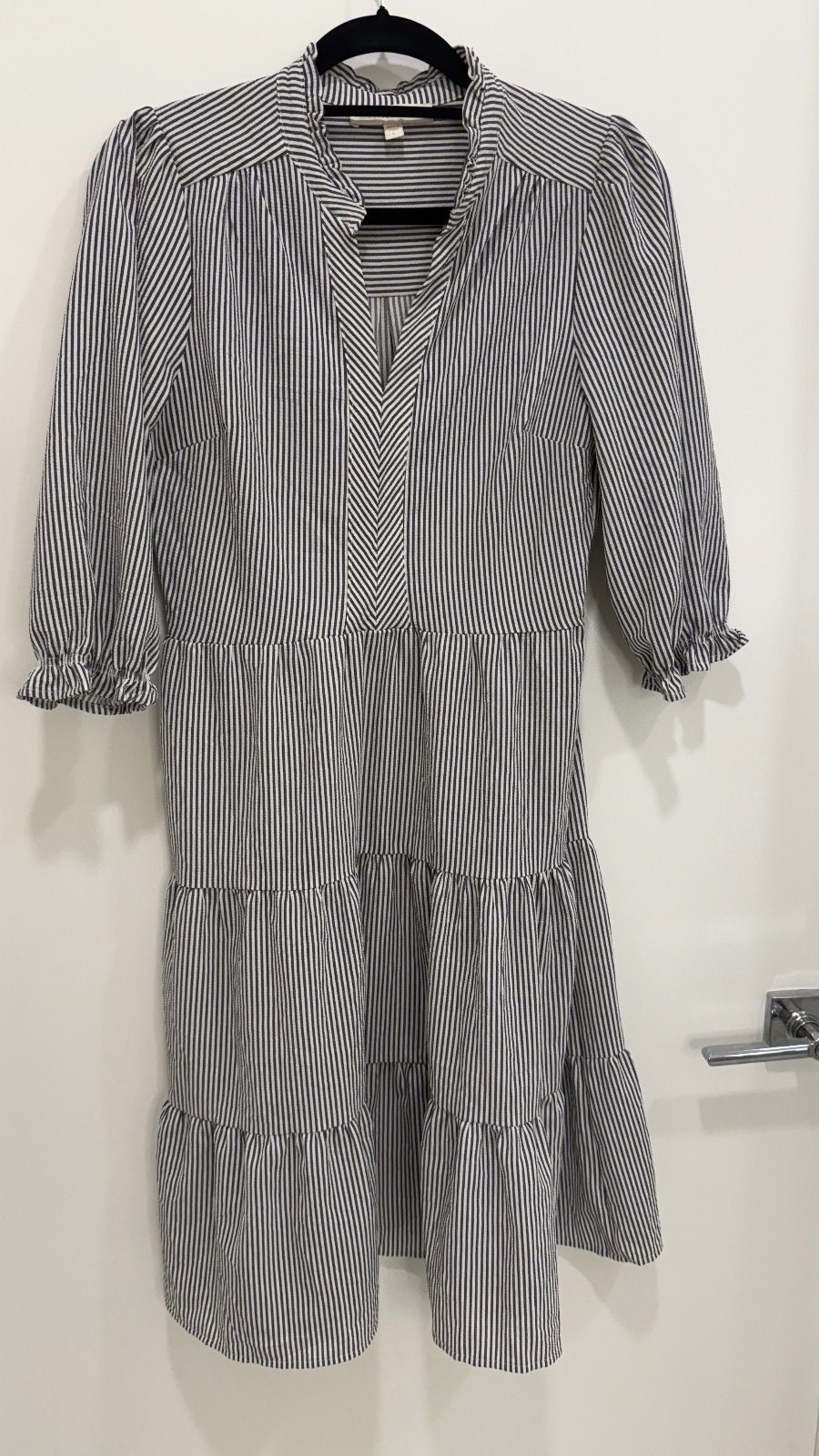 Monteau Los Angeles Blue White Pinstripe Tiered Midi Dress Ruffle Cottagecore L