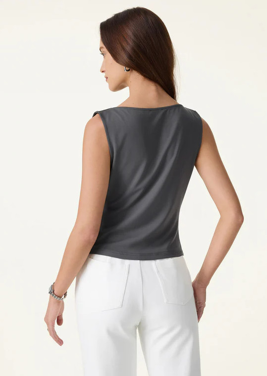 OGL Cowl Neck Asymmetrical Tucked Sleeveless Top, Taro Purple