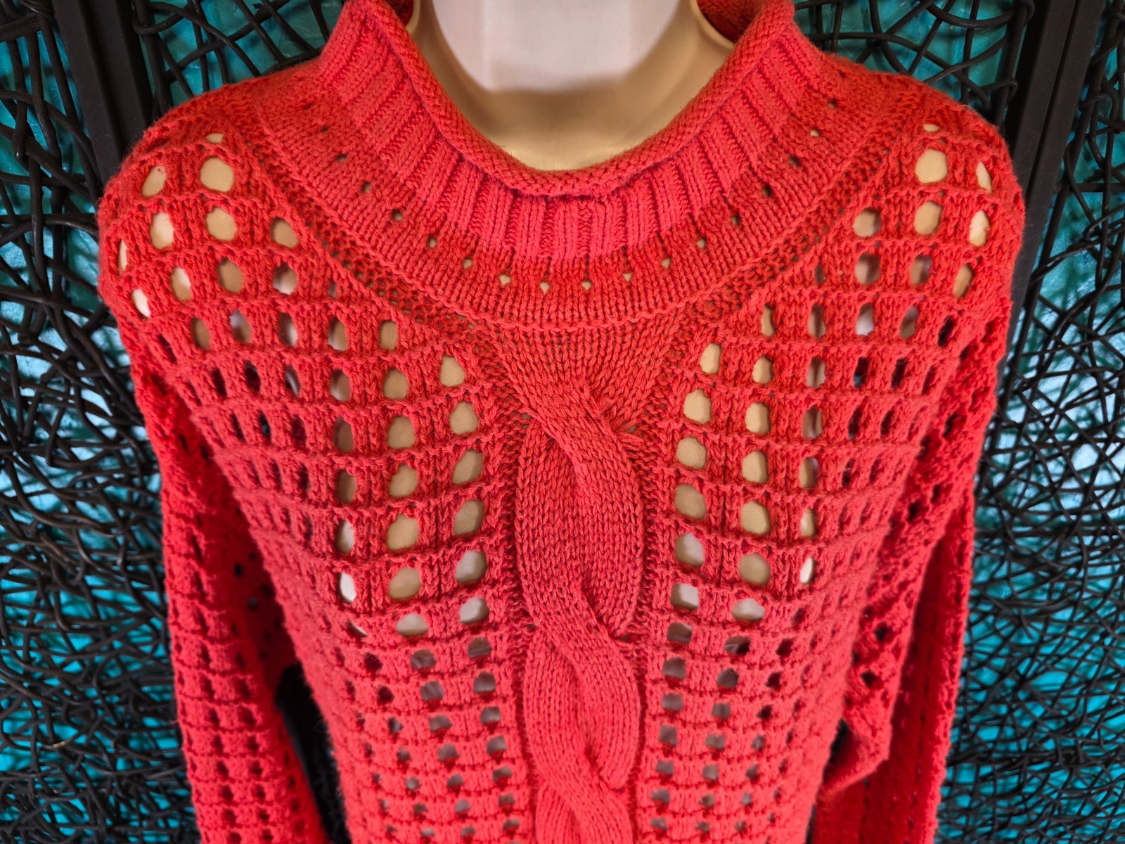 FREE PEOPLE SWEATER WOMENS SZ. M ORANGE PULLOVER SEASONS CHANGE OPEN KNIT FLAWS