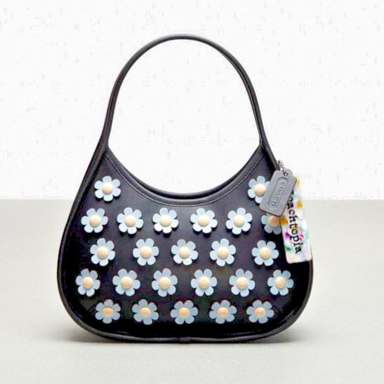 COACH COACHTOPIA ERGO BAG w/MINI FLOWER APPLIQUE:NWT BLACK/ICE BLUE CR438