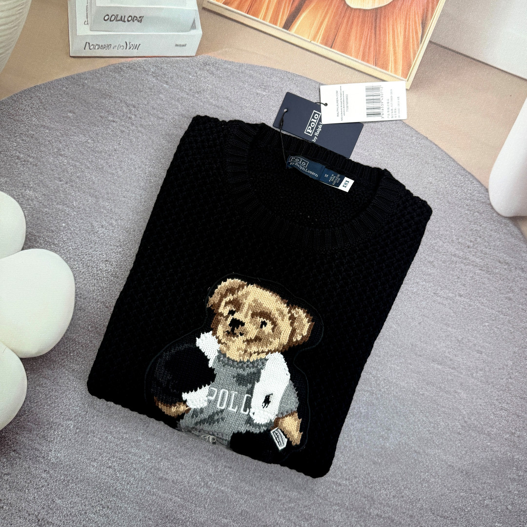 POLO RALPH LAUREN Bear Sweater Cotton Pullover Black Open Knit Women Medium NWT