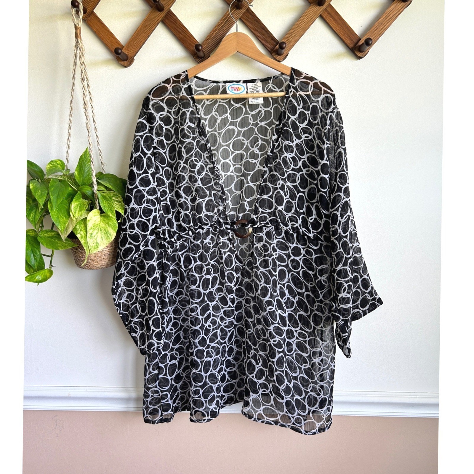 Sand N Sun Women XL Black White Circle Print Sheer Swim Cover Up SS36C2831