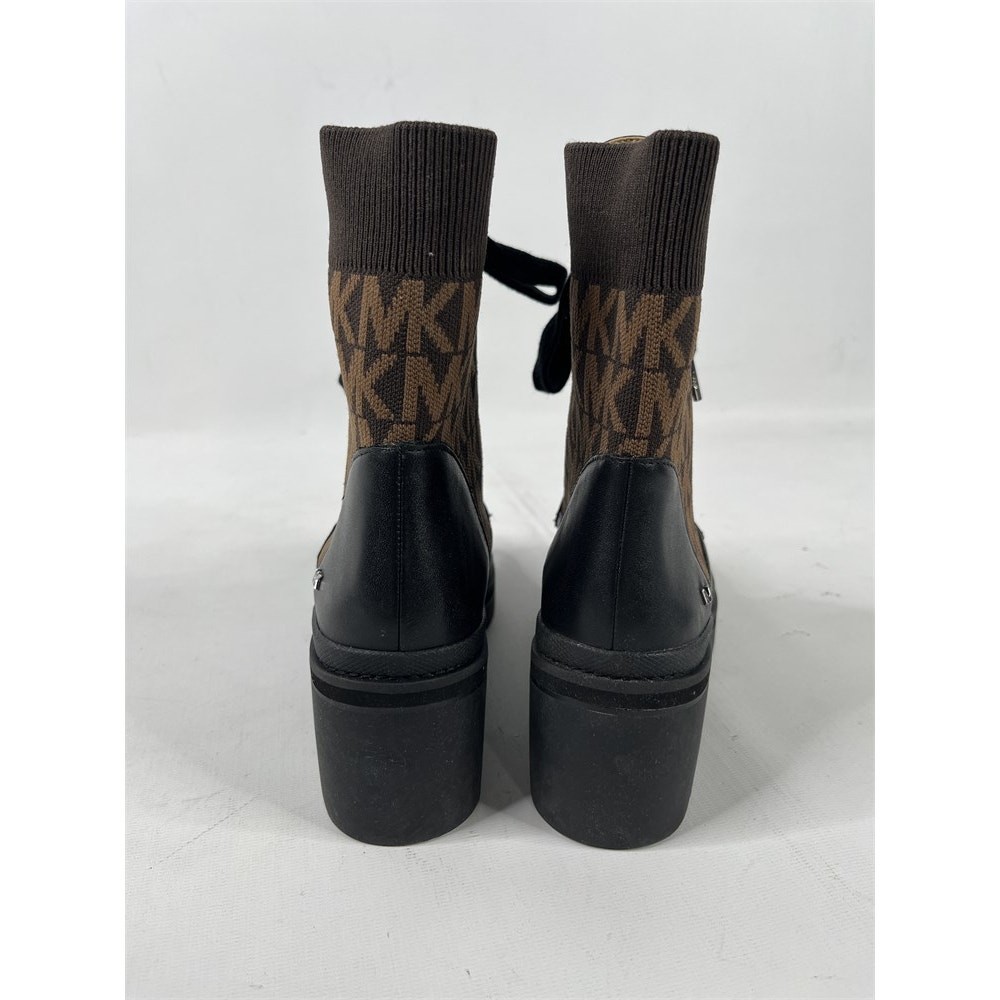 Michael Kors Brea Black Leather & Brown Logo Jacquard Combat Boots 6M