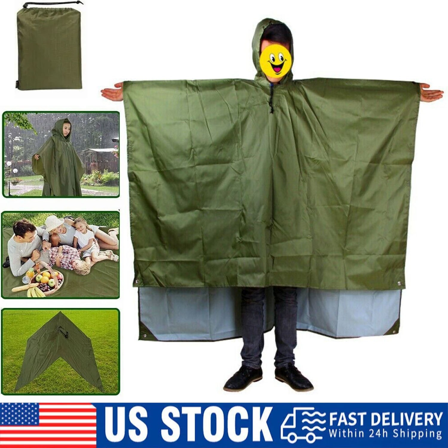 Ripstop Poncho Waterproof Hooded Rain Coat Army Military Camping Hiking Outdoor
