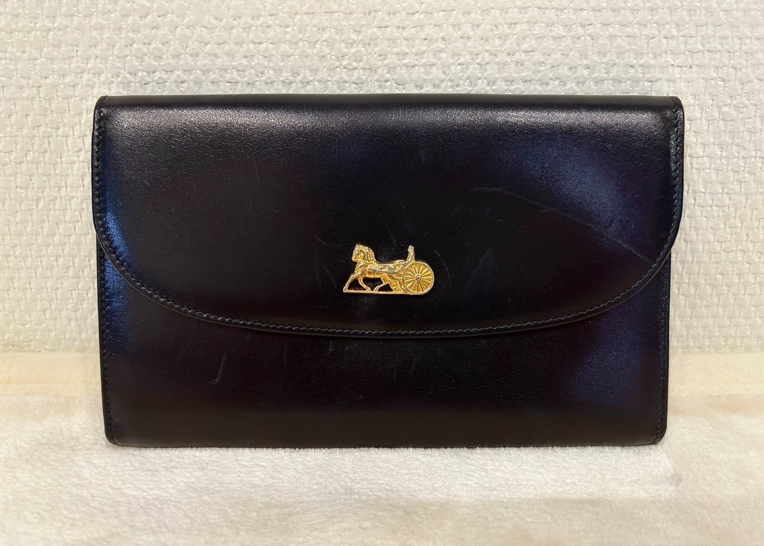 CELINE Vintage Horse Carriage Wallet Black Leather Flasp Clasp Purse Authentic