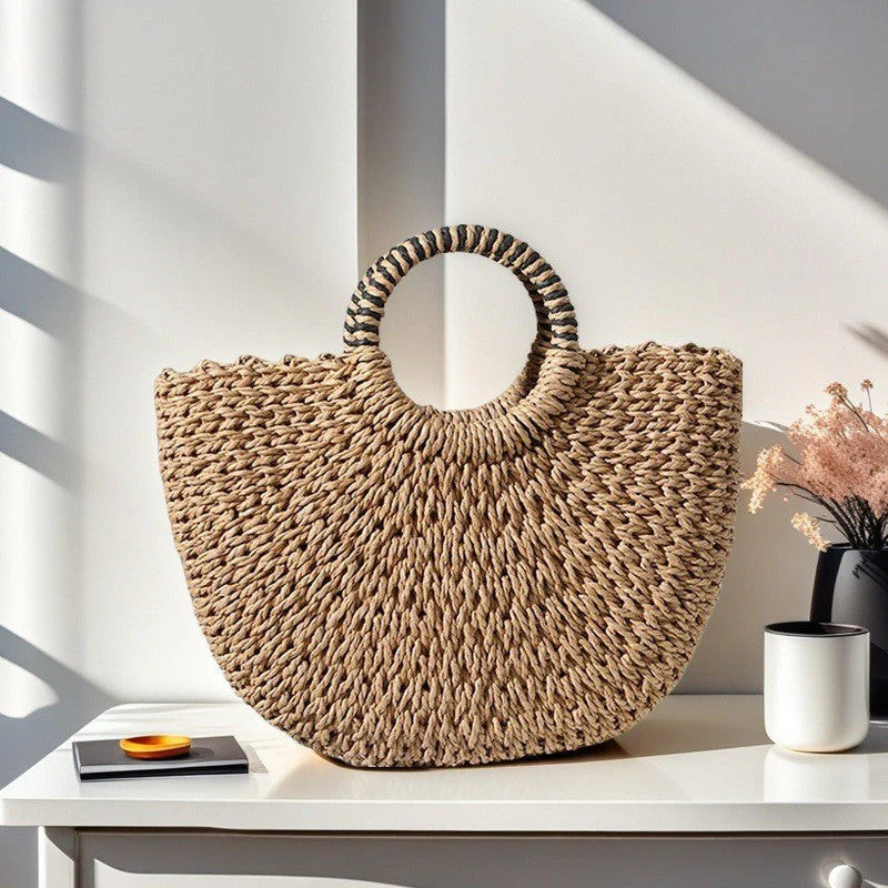Bohemian Beach Handbag – Woven Semi-Circle Beach Handbag | Summer Vacation Boho