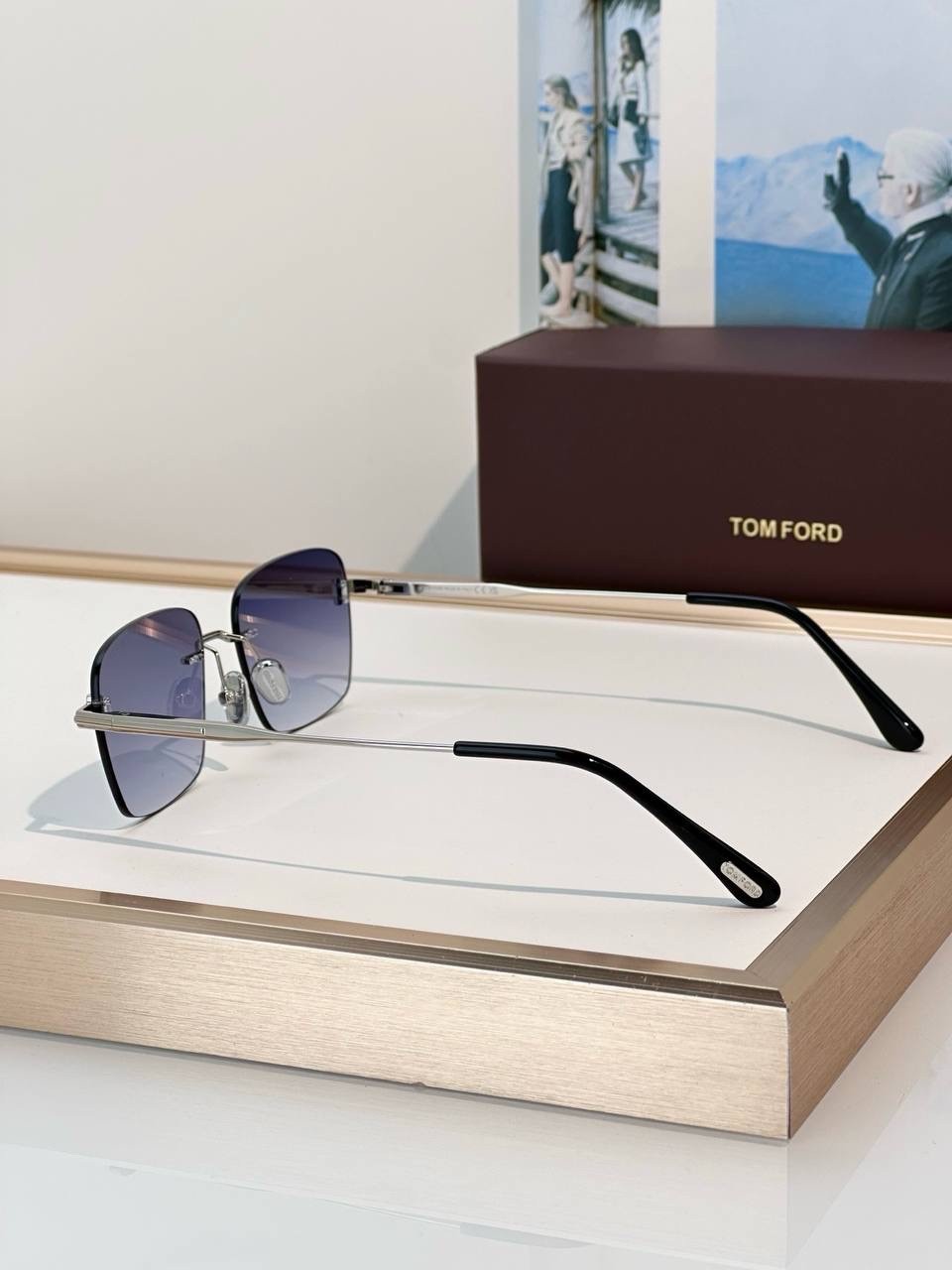 Tom Ford Rimless Square Sunglasses Silver Frame Gray Gradient Lenses Unisex