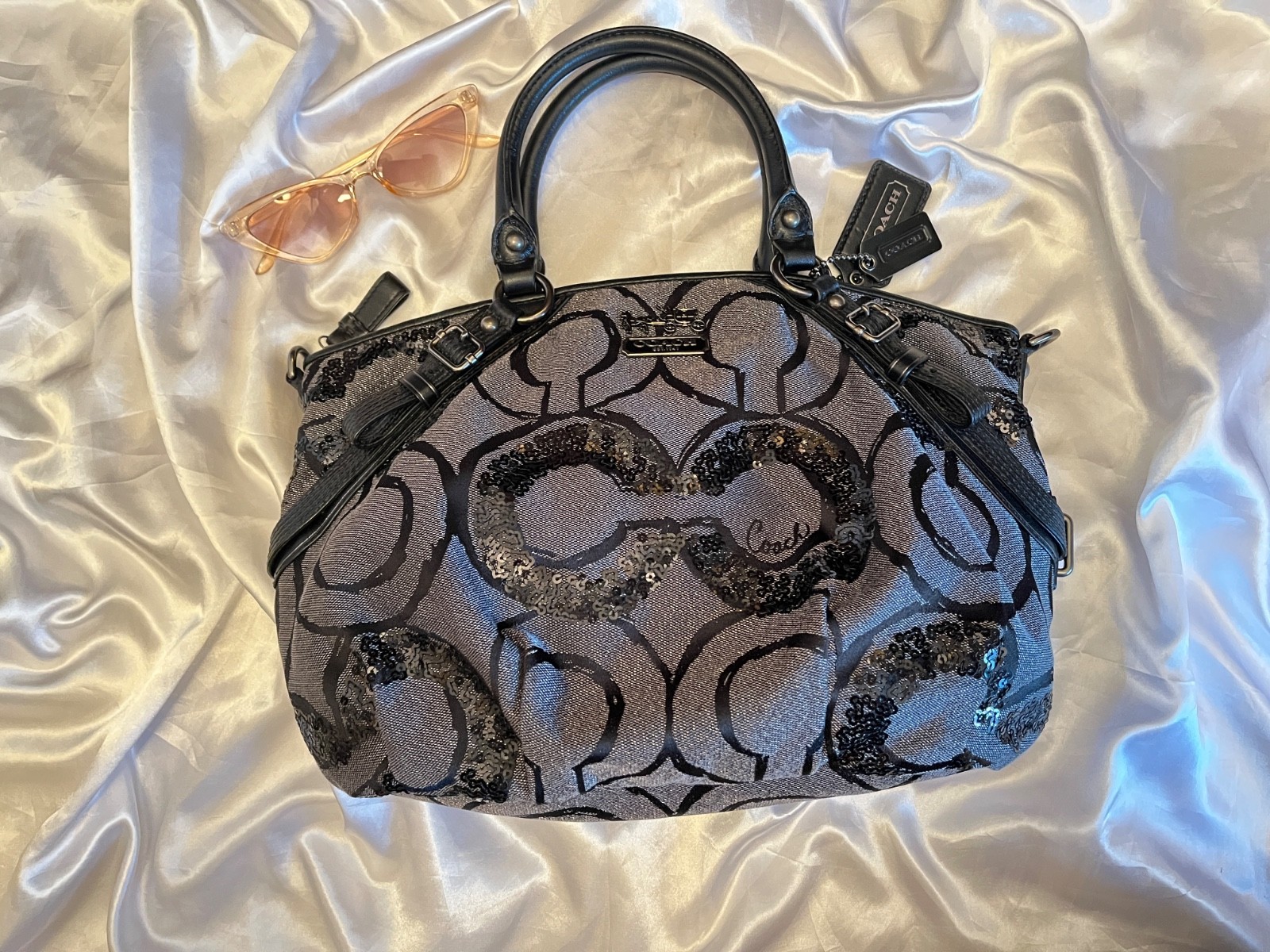 Coach Madison Op Art Sophia Sequin Satchel Black And Metallic Gray